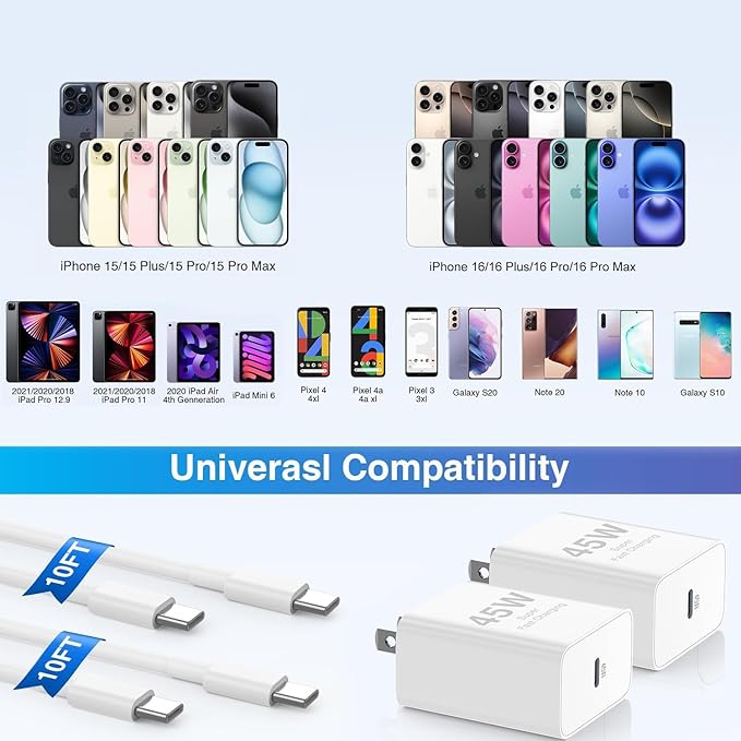 πππππ€ π°π±πͺ iPhone 17 16 15 Fast Charger,USB C Charging Block and 10ft Type C to C Cable Cord Long for Apple iPhone 17 Pro Max/17 Air/16 Pro/15 Plus/iPad/mini, Wall Plug Power Adapter Cube Brick