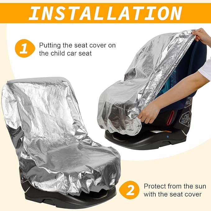 BBTO 2 Pcs Car Seat Sun Shade Covers Baby Car Seat Coolers Protector Reflective Carseat Sunshade Infant Shield Heat UV Sunlight Keep Baby Toddler Child Cool Travel Safety(Classic,Silver)