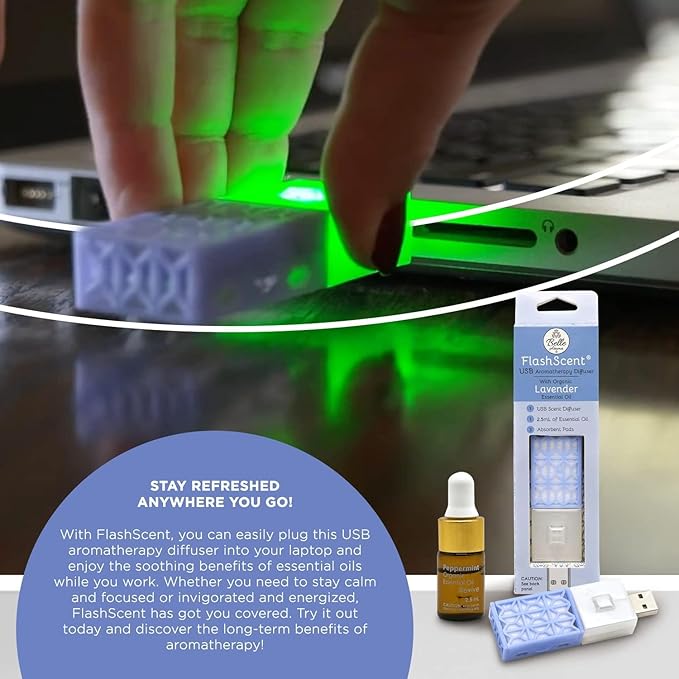 Belle Aroma® FlashScent™ USB Aromatherapy Bundle - for Car, Office, Home, and Travel - Includes 1 Serenity Blue Lavender Oil Diffuser Kit, 1 FlashScent Lavender Essential Oil, and 7 Refill Pads