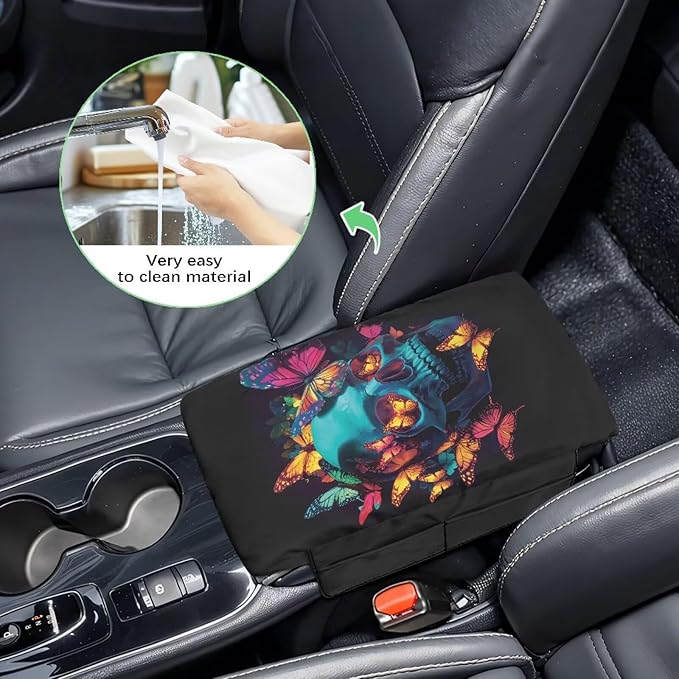 Wanyint Skull Butterfly Car Center Console Pad Non-Slip Armrest Box Mat with 4 Storage Bags Comfortable Center Console Armrest Pillow Arm Rest Cushion Protector Auto Accessories