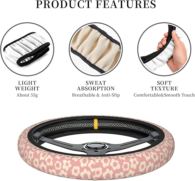 Vintage Pink Flower Steering Wheel Cover Cute Universal 15 Inch Car Accessories Protector for Women Fit Auto SUV Sedan Vans Trucks