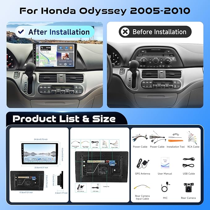 8-Core 4G+64G Qual-comm Snapdragon chip Car Radio for Honda Odyssey 2005-2010, Rimoody Car Stereo Carplay Android Auto 3D car Model Display GPS WiFi 9 Inch IPS Touchscreen Mirror Link Camera