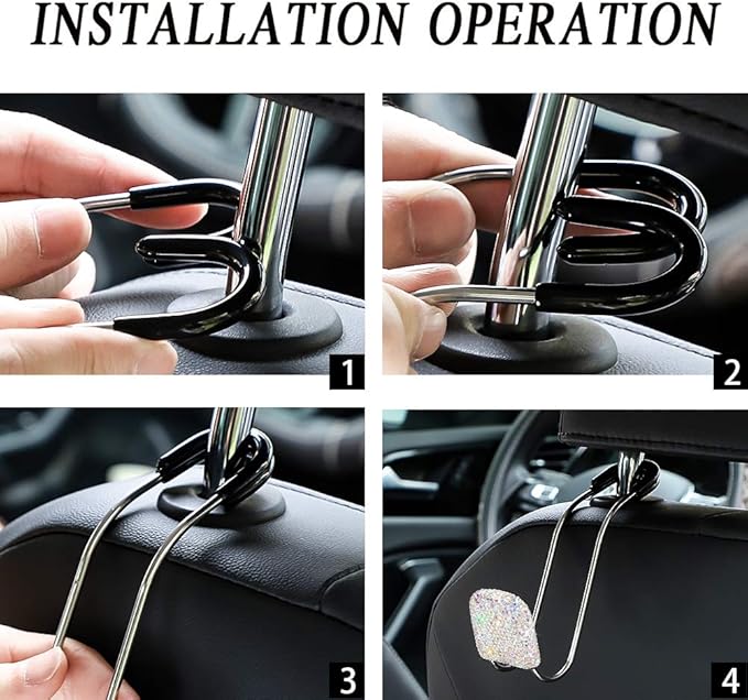 SAVORI Car Headrest Hooks Bling Car Accessories Rhinestones Universal Auto Back Seat Headrest Metal Hanger Organizer Vehicle Holder for Bag Purse Clothes Grocery 2PCS (AB)