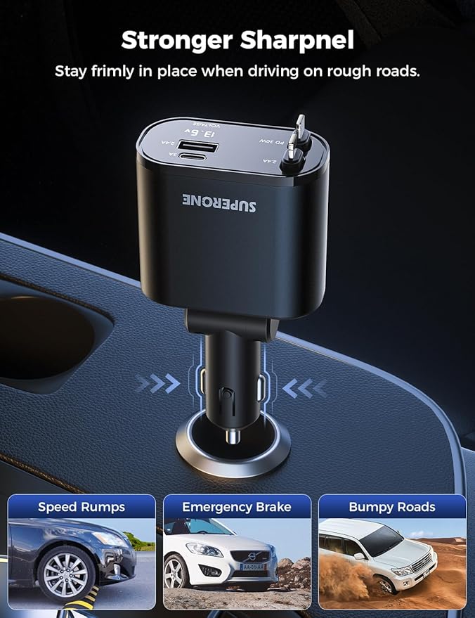 Retractable Car Charger 4 in 1 Fast Car Phone Charger Adapter with Type C & Apple Cords Compatible with iPhone 17/16/15/14/13/12/11, Galaxy, Pixel