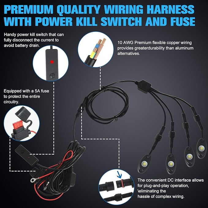 20pods White Rock Lights Dc 12v-80v 6000k Aluminum Alloy Pure White Led Rock Lights with Switch Wiring Harness Kit Ip68 Waterproof for Trucks Pickup Offroad Car SUV Utv ATV Rv Fends Underglow Lights