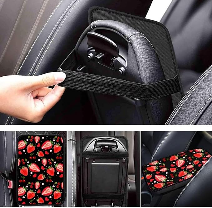 JoyLamoria Car Armrest Cushion Cover Center Console Box Pad Car Accessories with Red Strawberry Print