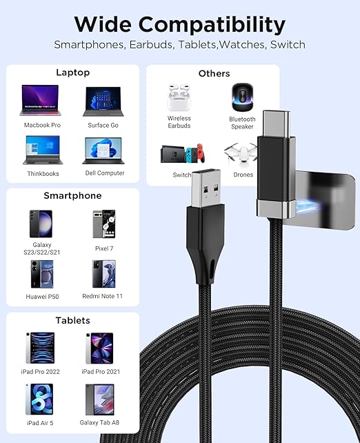 Magtame USB A to USB C Cable 5FT, StayCable with Built-in Magnetic Holder for Nightstand/Desk/Car, Type C Fast Charging Anti-Fall Cord with 2 Adhesive Metal Plates, Braid USB Data Cable for iPhone 17
