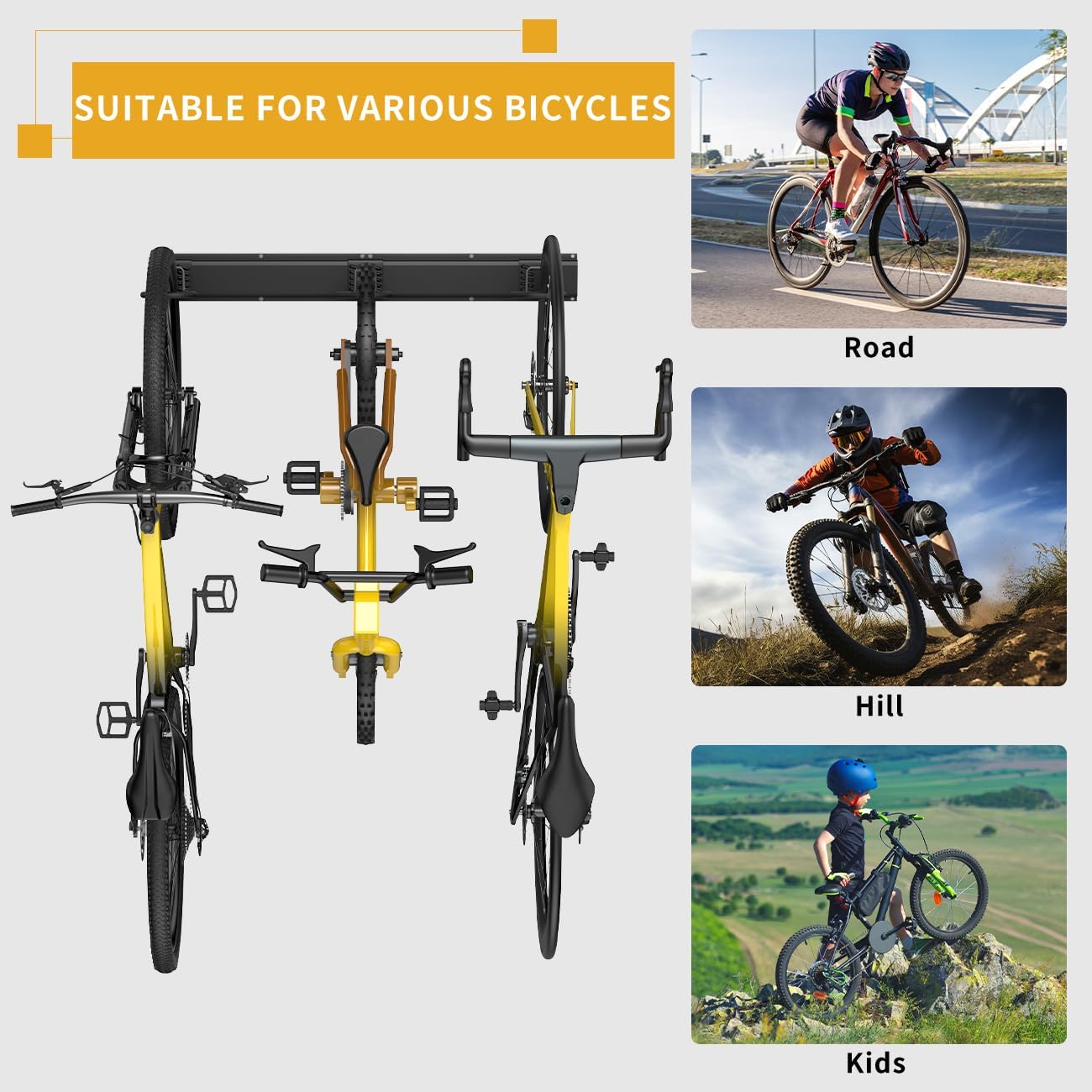 Bike Storage Rack 64Inch for 6 Bikes + 5 Helmets, Up to 500lbs, Heavy Duty Bike Hangers for Garage, Bike Hooks for Garage, Solid Steel Bicycle Storage, Bike Wall Mount, New Black