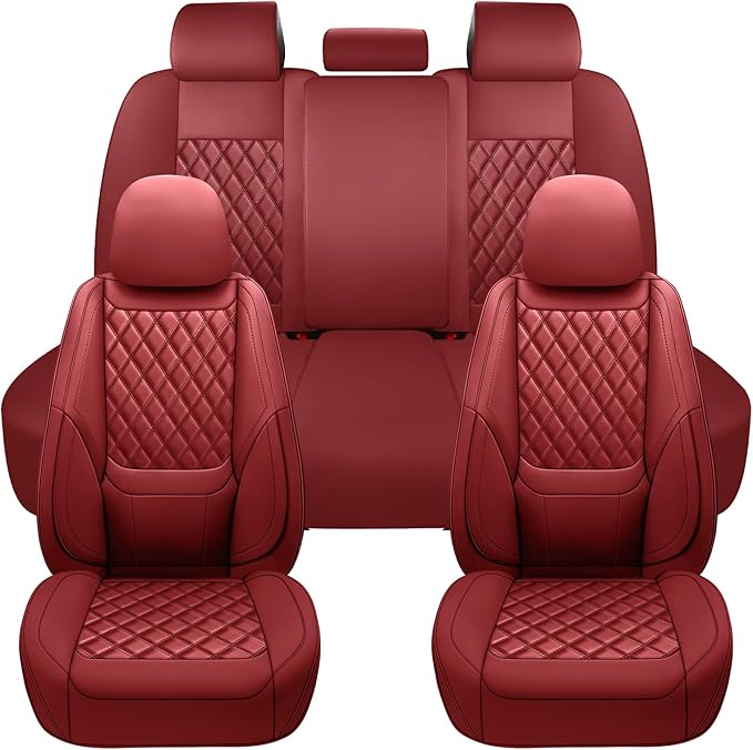 Car Seat Covers Full Set,Universal Fit for Cars,SUVs,Trucks,and Sedans with 5 Seats,Faux Leather Car Seat Cushion Compatible with Airbags,Waterproof Car Seat Protector,Wine Red
