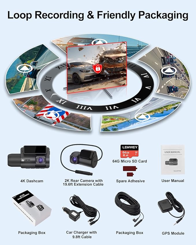 Dash Cam Camera For Cars Dashcam - Lehwey 3 Channel 4k 2160P+1440P+1080P Dash Cam Front and Rear Inside, Built in WiFi GPS, With 64GB Card, Night Vision G-Sensor Parking Mode, 170°Angle Loop Recording