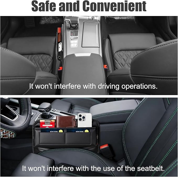 chfine Car Seat Gap Filler Organizer, Universal Premium Leather Car Gap Filler with Card Slots for Front Seat Between Car Seat and Console Hold Phone, Sunglasses, Keys, fit for Car Suv Truck (2)