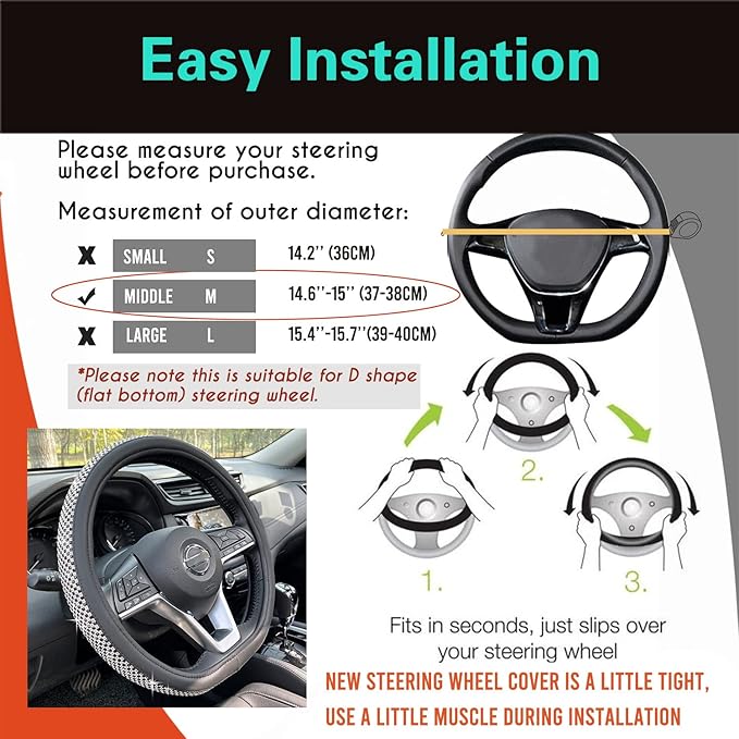 PINCTROT D Shaped Bling Comfy Steering Wheel Cover with Jumbo Crystal Rhinestones, Anti-Slip Diamond Leather, Flat Bottom 14.5-15 Inch (Black)