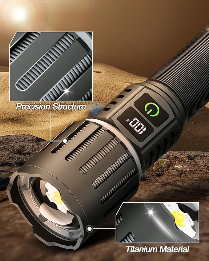 Victoper Rechargeable Flashlight, Titanium 5 Modes Zoomable Flash Light, Bright Real 1500 High Lumens Flashlights, LED Power Display Tactical Flash Lights Holster for Camping Hunting Essential Men