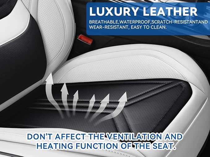 Car Seat Covers, Premium Leather Car Seat Covers, Waterproof and Breathable Seat Covers, Universal Car Seat Protector Fit for Cars, Trucks, SUVs, Pick-ups (Black & White, 2 PCS Front Seat)