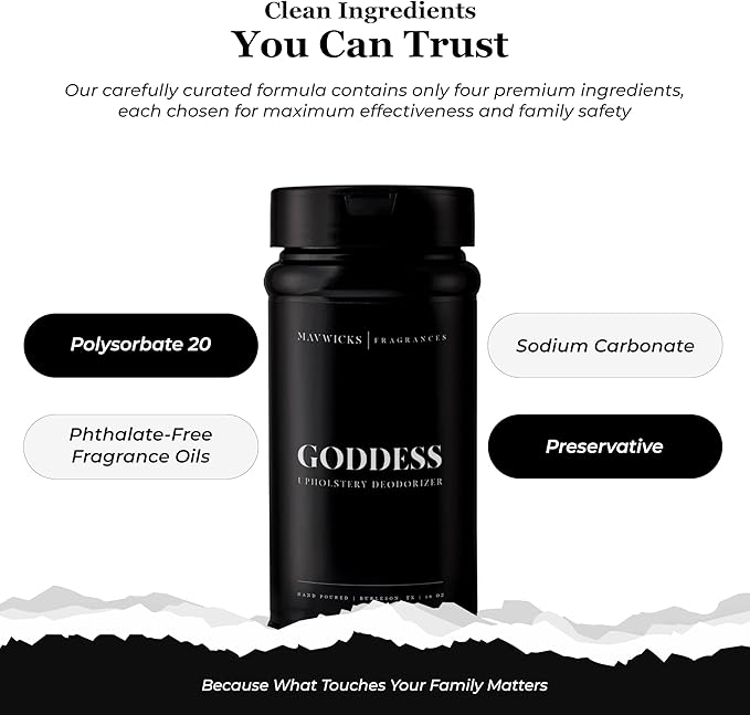 Mavwicks Fragrances - Upholstery Deodorizer (Goddess) 16 Oz - Rug, Couch & Carpet Deodorizer - Vacuuming Powder, Pet Safe Carpet Freshener Powder - Odor Eliminator for Home