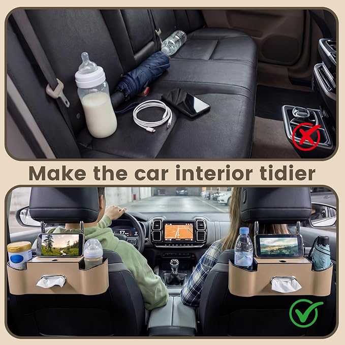 LemonRoad 2 Pack Multifunctional Car Seat Back Storage Box Car Seat Back Organizer with Tissue Box, 2 Cup Holders and Hooks for Hold Phone, Drinks, Handbag, Fits for Most Vehicles (Beige)