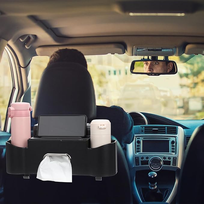 LemonRoad 2 Pack Multifunctional Car Seat Back Storage Box Car Seat Back Organizer with Tissue Box, 2 Cup Holders and Hooks for Hold Phone, Drinks, Handbag, Fits for Most Vehicles(Black)