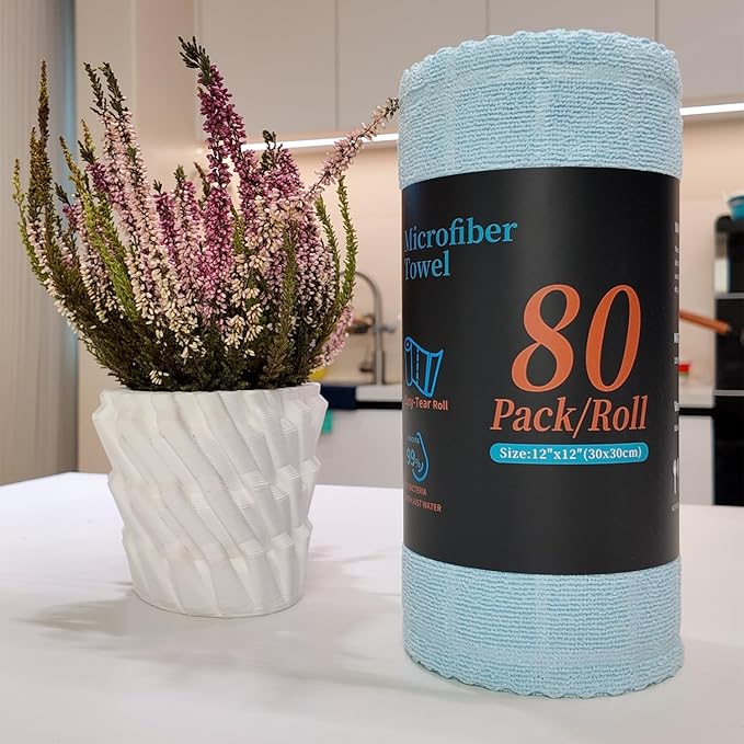 Ferdilan 80 Pack Microfiber Cleaning Cloth Roll,Lint Free Rags Paper Towels & Tear Away Reusable Towels,Washable Shop Rags,Wash Cloths Dish Rags(12" x 12") for Car Kitchen Window Garage-Light Blue