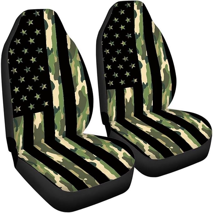 ELEQIN 2 Packs Car Front Seat Cover Car Seat Protector, Nonslip Cushion Cover for Cars, Trucks & SUVs Auto Interior Decor, Camo American Flag Print