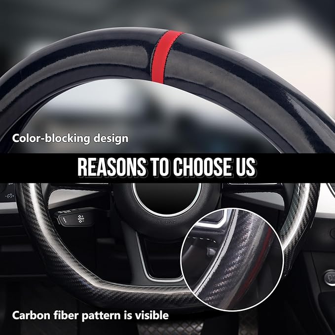ZHOL Steering Wheel Cover Carbon Fiber, D Shaped Car Wheel Cover 14 1/2-15 in (37-39 cm), Black