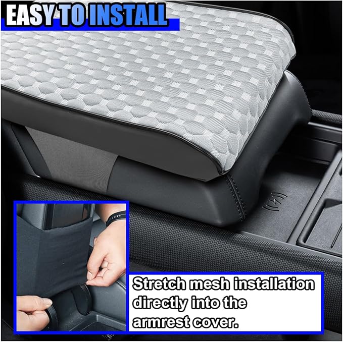 Cool Car Center Console Cushion Pad, Comfortable Ice Silk Car Armrest Cover, Breathable Vehicle Armrest Seat Box Pad Memory Foam, Auto Interior Protection Accessory, Universal for Summer (Black/Grey)