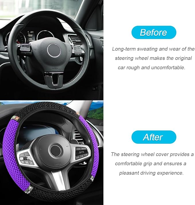 Bling Car Steering Wheel Cover, 15 Inch Crystal Rhinestones Elastic Stretch Breathable Vehicle Steering Wheel Protector for Women Girls, Universal Auto Interior Accessories (Black Purple)
