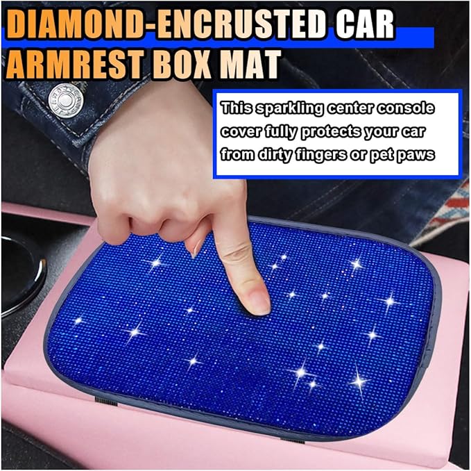 11.9''×8.4'' Bling Car Center Console Cover, Crystal Diamond Elbow Pillow Car Armrest Seat Box Cover, Soft Arm Rest Protective Cushion Pad for Women Girls, Auto Interior Decor for Car SUV (Blue)