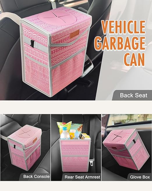 Pritent Car Trash Can with Lid, Cute Leakproof Car Trash Garbage Bag Hanging Vehicle Trash Bin Small Portable Automotive Garbage Cans Organizer for Back/Front Seat/Console(2.8 Gallons,Pink Print)