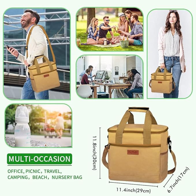 Iknoe Large Cooler Bag Collapsible 24 Can Insulated Bags Leakproof Lunch Cooler Tote with Multi-Pockets for Adult Insulated Thermal Bag for Beach, Picnic, Office Work(Khaki)