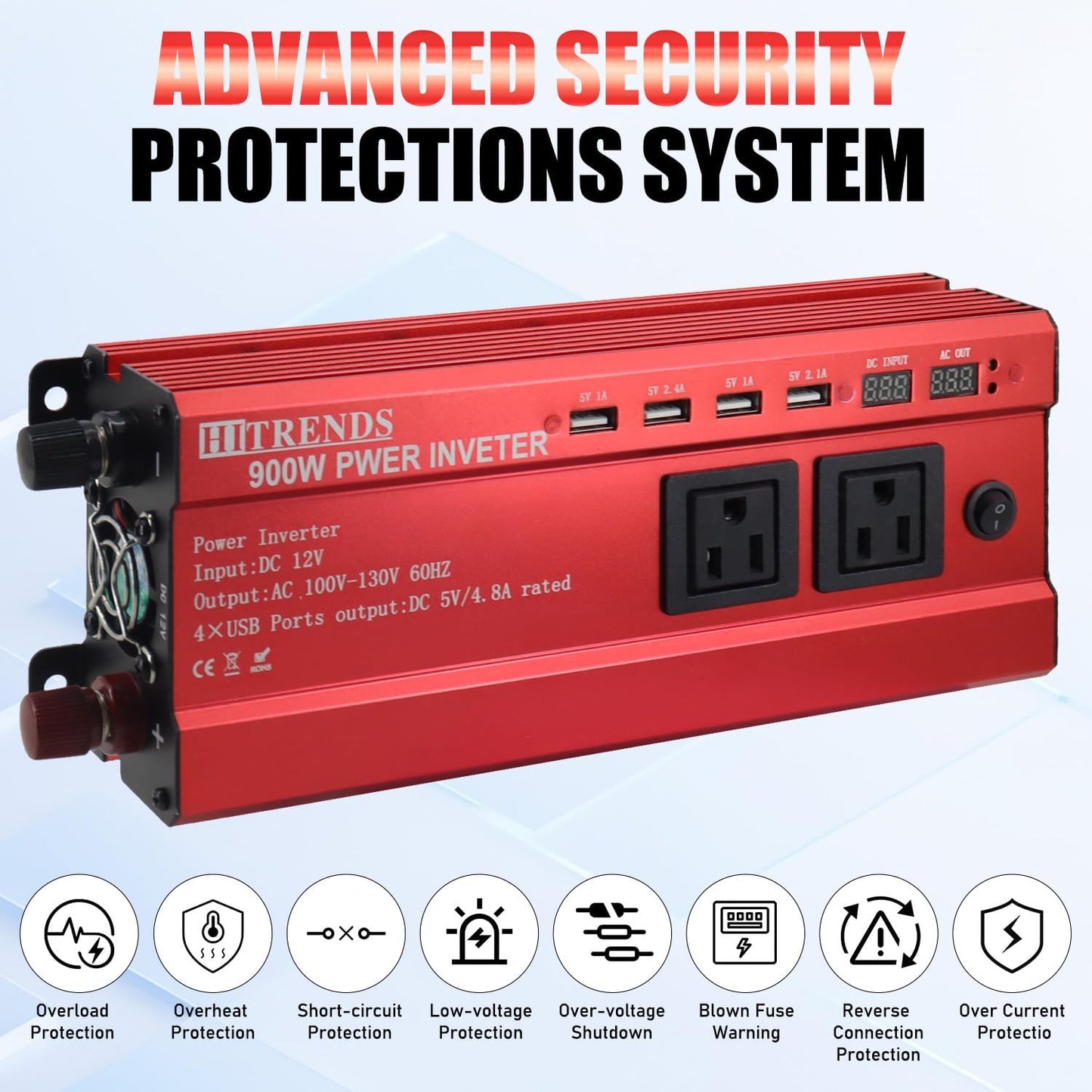 HITRENDS 900W Inverter for Car Power Inverters, 12V DC to 110V AC Converter with 4 USB & 2 AC Outlets, 12 Volt Battery Inverter Car Cigarette Lighter for RV Truck