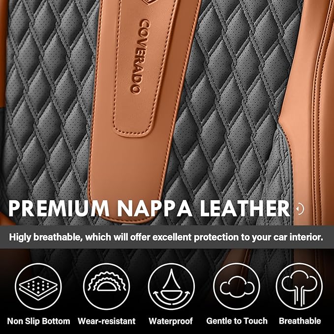 Coverado Car Seat Covers Full Set, Nappa Leather Seat Covers for Car, Waterproof Car Seat Protector with Lumbar Support, Automotive Seat Covers Universal Fit for Most Cars SUV Trucks (Brown-Black)