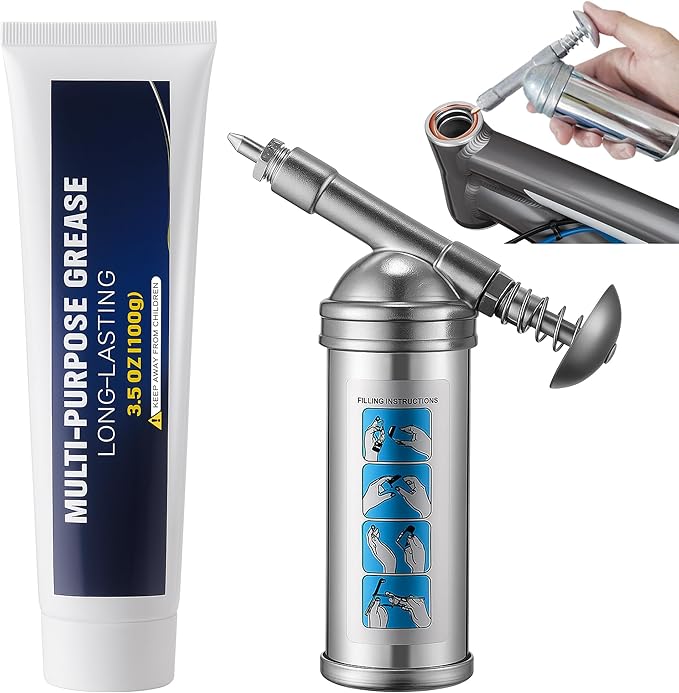 Mini Grease Gun with High Performance Bicycle Grease, Small Lubricant Gun with Nozzle, Bicycle Lubricant and Lube Kit 100g for Bike, Pedals, Bearings, and Chains, 3oz Cartridges