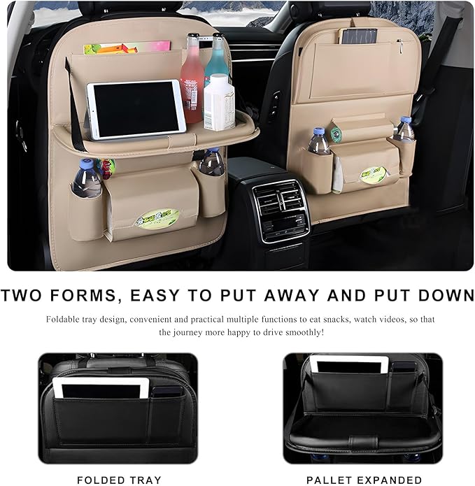 2PCS Car Backseat Organizer, Leather Multi-Pocket Seat Back Protector with Foldable Table Tray, Multifunctional Vehicle Storage Organizer Kick Mat for Kids Toddler Travel (Beige)