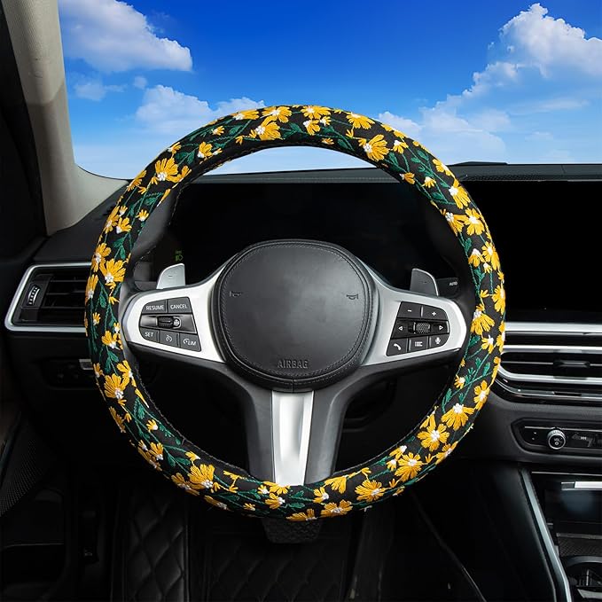 Embroidered Flowers Cute Yellow Daisy Steering Wheel Cover Auto Anti-Slip Breathable Rubber Steering Wheel Protector,Floral Car Accessories for Women,Universal Size Fit Most Cars -15 inch