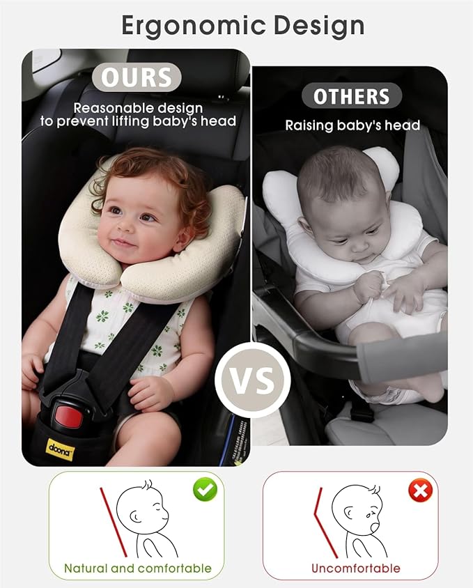Baby Neck Pillow for Car Seat and Stroller, Adjustable Baby Head Support Pillow for Travel, Soft and Cushiony Torticollis Pillows for Infant and Newborn (Beige)