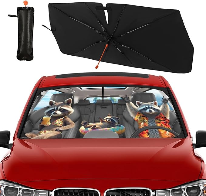 Socira Funny Raccoon Car Windshield Sunshade Umbrella Foldable Visor Umbrella Sun Shade Cover Racoon Sunshade Front Window Cover Raccoon Car Accessories Blocks Uv Rays (57" X 30")