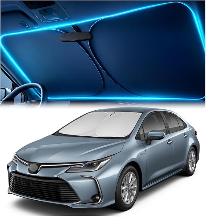 Windshield Sun Shade for Toyota Corolla 2020-2026 – Custom Fit Sun Shield with Mirror Cut‑Out, Blocks Heat & UV, Foldable with Storage Pouch - Toyota Corolla Windshield Sunshade