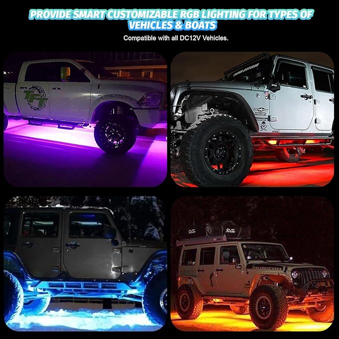 12 Pods RGB LED Rock Lights for Trucks Golf Cart Pickup Offroad RV UTV ATV SUV, Waterproof Multicolor Underglow Kit for Cars with APP Music Mode, Vehicle Underbody Light Underneath Accent 12V