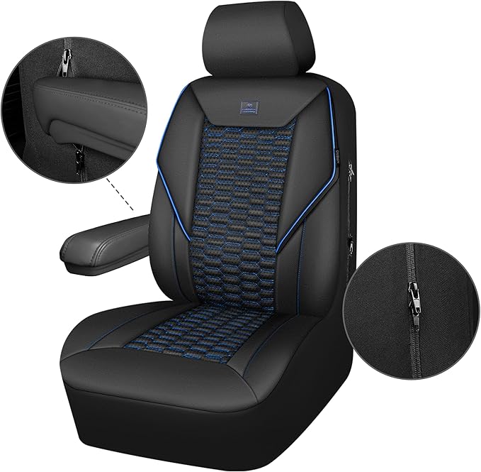 CAR PASS 3D Foam PU Leather Car Seat Covers Full Set,Luxury Breathable Faux Leather Seat Covers for Car,Anti Slip Universal Fit for SUVs Vans Sedan Truck Auto,Armrest Airbag Compatible,Black and Blue