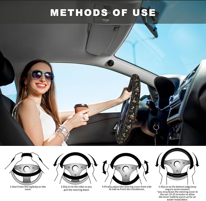 Black Mushrooms Steering Wheel Cover, Cute Funny Anti-Slip Breathable Car Accessories Interior Elastic Steering Wheel Cover for Men Women Fit Auto, SUV Vans Truck Universal 14.5-15 Inch