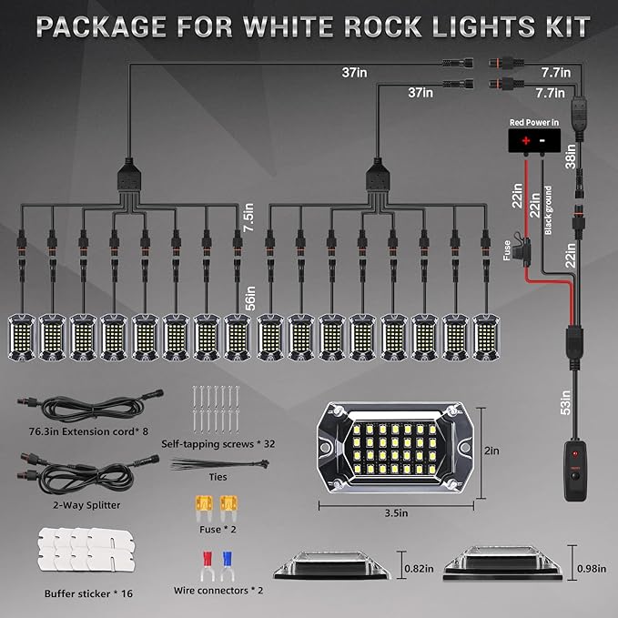 16 Pods Full Angle Pure White LED Rock Lights with Extension Wires, IP68 Waterproof 6500K 28 LEDs Super Bright White Neon Underglow Kit for Trucks Trailer Offroad Pickup Boat RV SUV UTV ATV