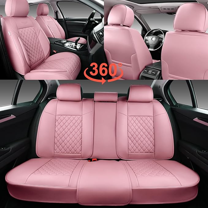 Auto Car Seat Covers Full Set Leather Cushion Protector Breathable Waterproof Seat Cover for Cars Universal Fit (Pink, Full Set Without Headrest)