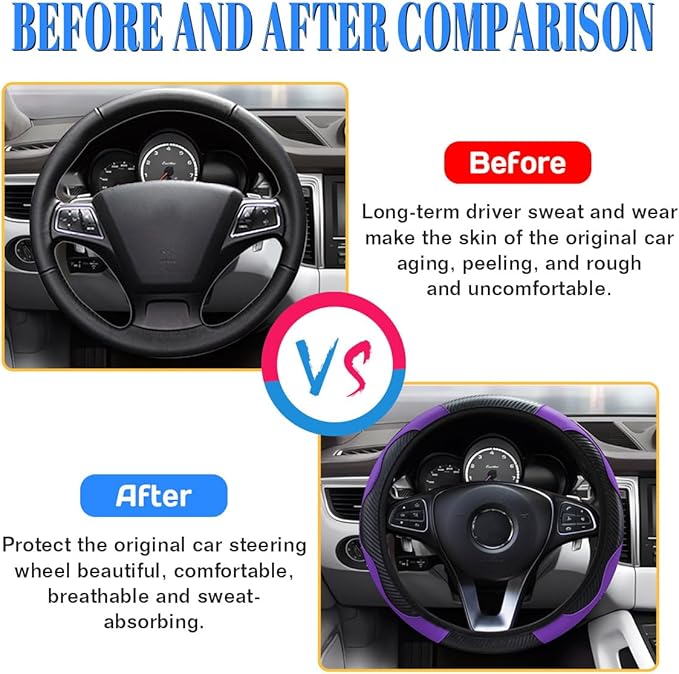 15 inch Car Steering Wheel Cover, Carbon Fiber Microfiber PU Leather Elastic Steering Wheel Protector for Men Women, Anti-Slip Breathable Car Interior Accessories (Purple)