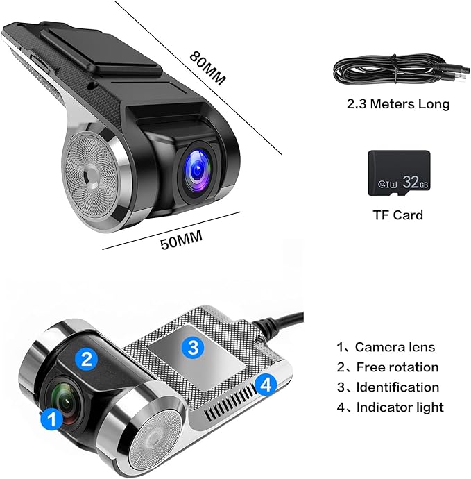 Hikity USB DVR On-Dash Camera - Loop Recording Dash Camera for Cars with 32GB SD Card 24H Parking Mode Driving Recorder LDWS FCWS Dash Cam for Android Radio Stereo GPS DVD