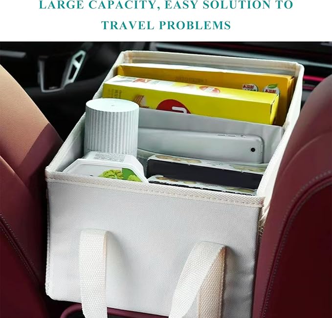 Car Seat Organizer, Collapsible Passenger Seat Organizer with Detachable Divider & Handle, Multiple-Pocket Car Storage Organization for Console Floor Front or Back Seats (Beige)