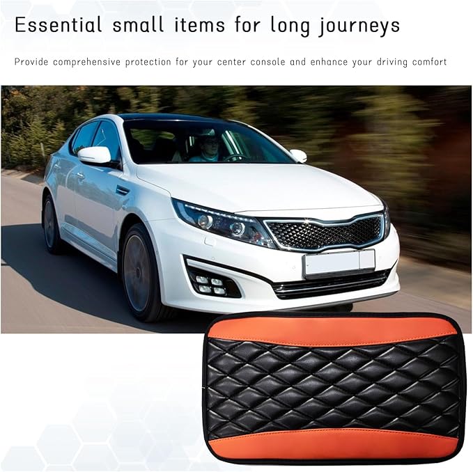 Car Center Console Cushion Pad, Universal Leather Waterproof Armrest Seat Box Cover, Comfortable Auto Armrest Cover Protector, Car Interior Decor Accessories for Most Vehicles (Black & Orange)