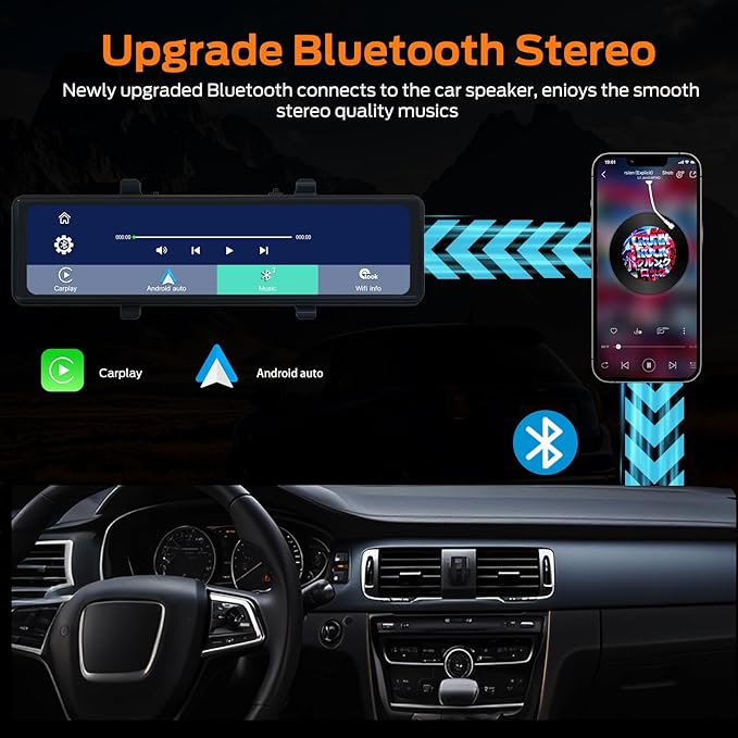 KBD 11.26'' 4K Smart Rear View Mirror Dash Cam Front and Rear, Android Auto Carplay with Backup Camera for Car Recording Parking Assistance Night Vision