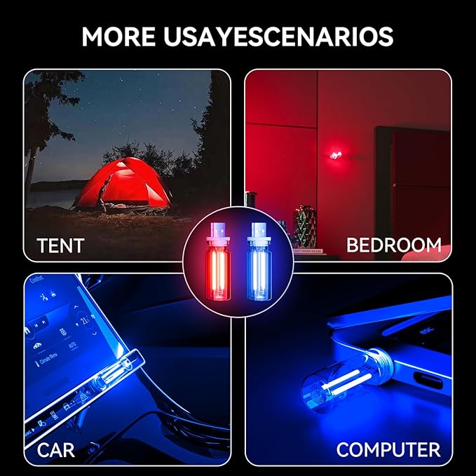 4 PCS USB Night Light, Touch Dimmable Mini USB LED Car Interior Ambient Lights, Portable Plug-in Glass Bottle Night Lamp for Car, Tent, Desk, Bedside (2RGB&1Red&1Blue)