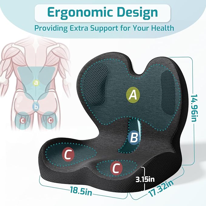 Ergonomic Seat Cushion,Office Chair Cushion with Lumbar Support Pillow,Car Orthopedic Seat Cushions,Designed for Sciatica,Tailbone,Back Pain Relief,for Office,Car,Truck,Home,Desk Chair