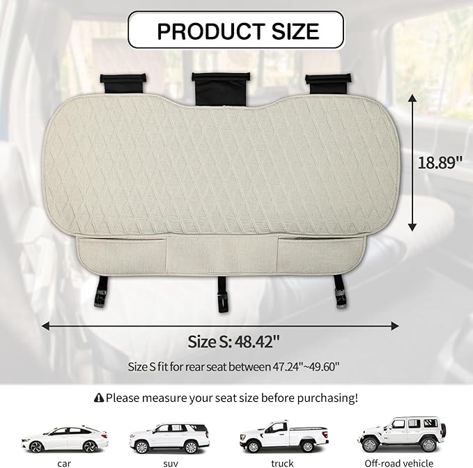 Universal Auto Faux Linen Back Car Seat Cover Beige - Breathable Rear Seat Protector with Non-Slip Bottom SizeSL - Diamond Stitched Bench Seats Cushion for Vehicles Cars Van SUV Truck
